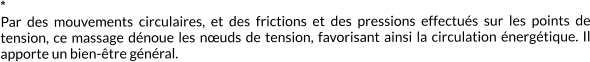 * Par des mouvements circulaires, et des frictions et des pressions effectués sur les points de tension, ce massage dénoue les nœuds de tension, favorisant ainsi la circulation énergétique. Il apporte un bien-être général.